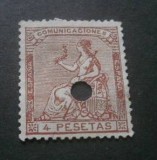 Spain 1873 Hispania 4 Peseta Mi.133 PUNCH HOLE used telegraphic cancels AM.436, Stampilat