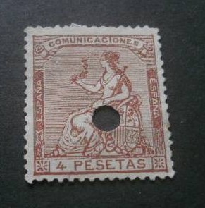 Spain 1873 Hispania 4 Peseta Mi.133 PUNCH HOLE used telegraphic cancels AM.436