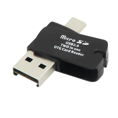 Mini cititor carduri microSD, 2 in 1, OTG, USB-A si microUSB, negru foto