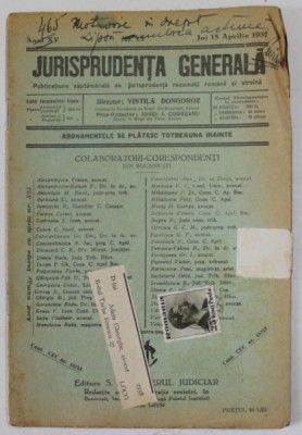 JURISPRUDENTA GENERALA , PUBLICATIUNE SAPTAMANALA DE JURISPRUDENTA ...ANUL XV , NR. 15 , JOI15 APRILIE , 1937 foto