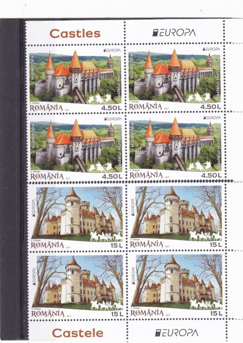 CASTELE EUROPA,IN BLOC DE 4 CU MARGINE,2017,MNH,ROMANIA.