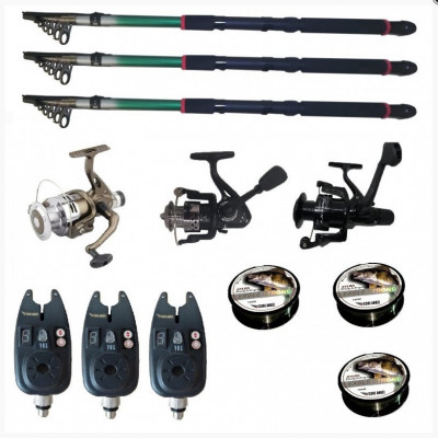 Set pescuit sportiv cu lanseta de 3.6 m Gold Shark, 3 mulinete, 3 senzori si 3 gute foto