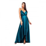 Cumpara ieftin Rochie LIVIA lunga eleganta din satin, ce pune in valoare silueta si subliniaza talia, cu fanta pe picior, marime 38, verde