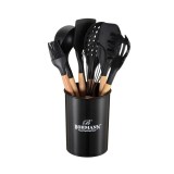 Set ustensile bucatarie Bohmann 8 piese, silicon alimentar, maner lemn, Negru