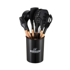 Set ustensile bucatarie Bohmann 8 piese, silicon alimentar, maner lemn, Negru