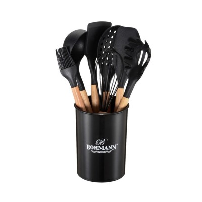 Set ustensile bucatarie Bohmann 8 piese, silicon alimentar, maner lemn, Negru foto