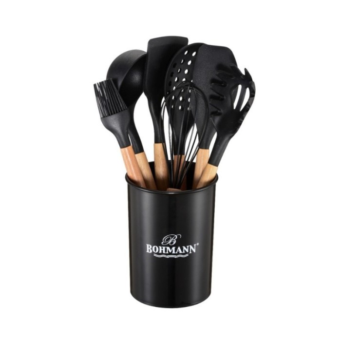 Set ustensile bucatarie Bohmann 8 piese, silicon alimentar, maner lemn, Negru