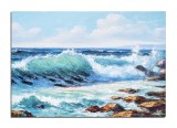 Tablou 3D peisaj marin pictat manual, O zi superba la malul marii, 70x50cm ulei pe panza, Valentin Pop