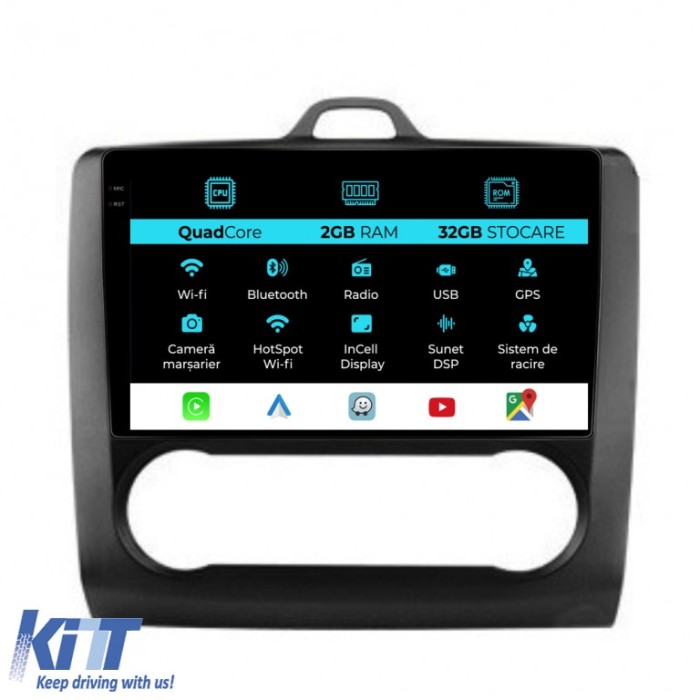 Navigatie Dedicata Ford Focus (2004-2012), 9Inch, 2Gb Ram, 32Gb Stocare, Carplay, Clima automata Performance AutoTuning
