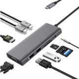 Adaptor Hub USB Type-C compatibil cu Macbook, Windows 9in1 USB VGA HDMI 4K HDTV PD Micro SD TF Card Slot USB 3.0, Oem