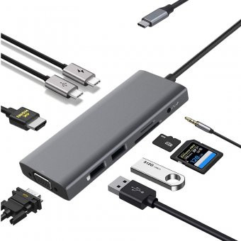 Adaptor Hub USB Type-C compatibil cu Macbook, Windows 9in1 USB VGA HDMI 4K HDTV PD Micro SD TF Card Slot USB 3.0 foto