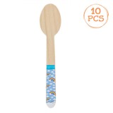 Set Lingurițe Petrecere, Lemn, Manșer Bleu, Imprimeu Curcubeu, 16cm, 10 Bucăți, Oem