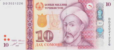 Bancnota Tadjikistan 10 Somoni 2018 - P24c UNC foto