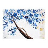 Tablou pictat manual, Copacul vietii cu flori albastre, 70x50cm ulei pe panza in relief efect 3D, Superb