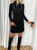 Rochie mini stil salopeta, model raiat, cu buzunare, negru, Shein