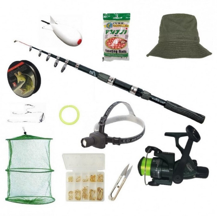 Set pescuit sportiv cu lanseta 2,4m, mulineta CB, lanterna frontala, juvelnic, palarie, spomb, guta si accesorii
