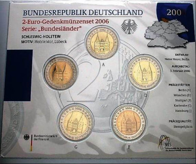 GERMANIA 2006 - 5 x 2 euro comemorativ -Holstentor Lubeck -A,D,F,G,J -blister/BU foto