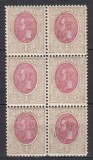 ROMANIA 1900 LP 53 i REGELE CAROL I SPIC DE GRAU FILIGRAN STEMA MARE 1 LEU BRUN GRI EFIGIA ROZ BLOC DE 6 TIMBRE STARE MNH