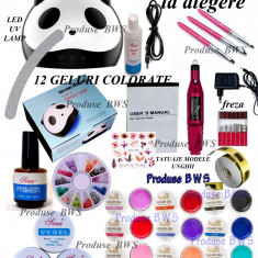 15 GELURI-Kit MILANO unghii false- LAMPA+FREZA,COLORATE-set manichiura