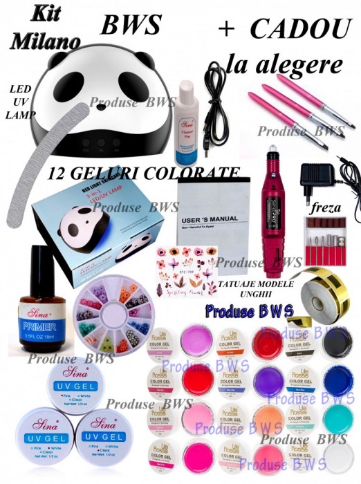 Kit MILANO unghii false 15 GELURI- LAMPA+FREZA,COLORATE-set manichiura