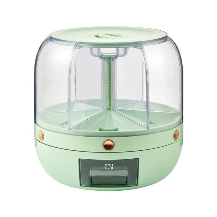 Dozator de cereale flippy, rotativ 360, 6 compartimente, capacitate 6 l, rezistent la umezeala, inchidere etansa, verde deschis