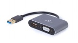 ADAPTOR video GEMBIRD, adaptor USB 3.0 Type-A (T) la HDMI (M) + VGA (M), 15cm, rezolutie maxima FULL HD (1920 x 1080) la 60Hz, gri, &quot;A-USB3-HDMIVGA-01