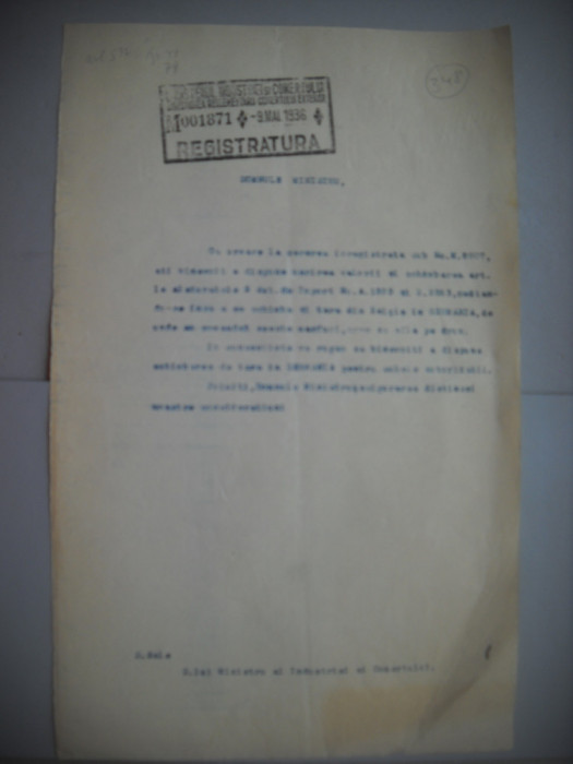 HOPCT DOCUMENT VECHI 348 MINISTERUL INDUSTRIEI COMERT EXTERIOR /BUCURESTI 1936