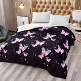 Cumpara ieftin Patura cocolino groasa cu blanita alba 200x230cm,doua fete,neagra,fluturi - F114