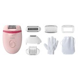 Epilator Philips Satinelle BRE285/00, 2 viteze, Opti-light, cap de epilare lavabil, 7 accesorii, Roz