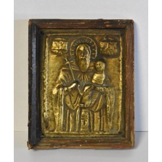 Icoana veche ortodoxa / greceasca Sfantul Stelian - ocrotitorul copiilor - alama in rama de lemn - sfarsit de secol XIX