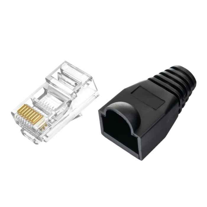 Set 100 x mufa + manson de protectie, RJ45, CAT5 CAT6, 8 pini 8P8C, negru