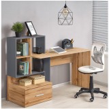 Birou cu spatii depozitare HM Grosso, rafturi, sertar, PAL melaminat, 149x50x105 cm, stejar auriu gri antracit