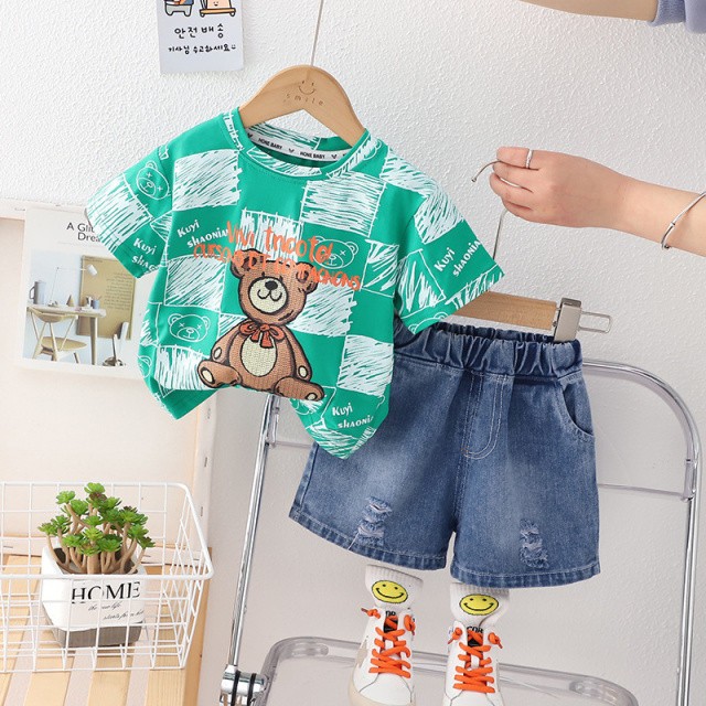 Costumas cu tricou verde si blugi pentru baietei - Bear (Marime Disponibila: 2
