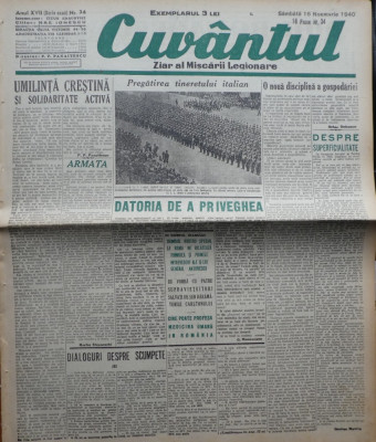 Cuvantul , ziar al miscarii legionare , 16 noiembrie 1940 , nr. 34 foto