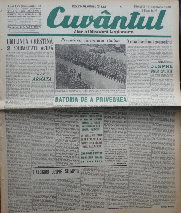 Cuvantul , ziar al miscarii legionare , 16 noiembrie 1940 , nr. 34
