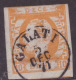 Romania 1871-Carol cu barba Lp 31 10 bani portocaliu-timbru stampilat Galati