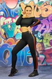 Compleu dama tricotat negru 2 piese: Top cu volane si pantaloni lungi mulati. Bumbac elastic reiat. Casual/Sport. Fabricat in Turcia