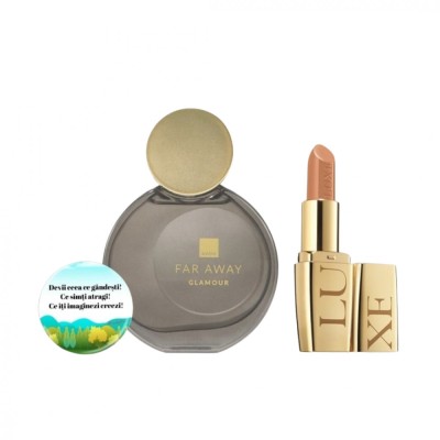 Set pentru dama, apa de parfum Far Away Glamour, Ruj Avon Luxe Lustering Nude si insigna Dactylion cu mesaj motivational foto