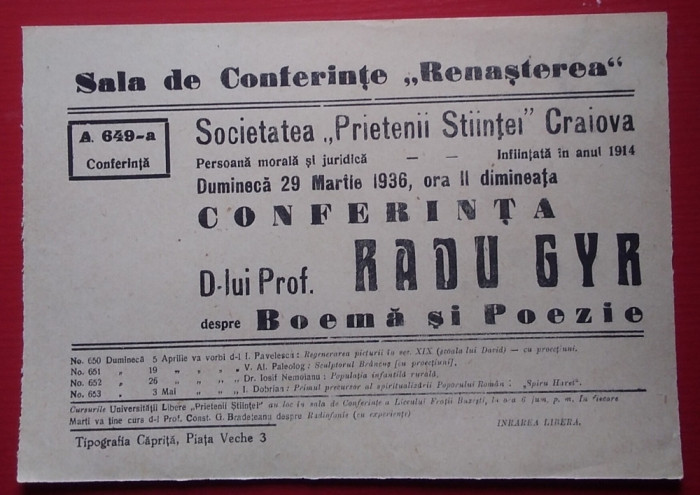 Afiș Conferință Radu GYR : BOEMA ȘI POEZIE - 1936