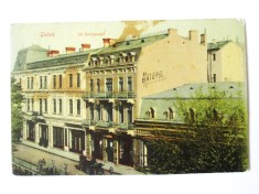 Rara! Carte postala Galati strada Domneasca:Hotel Bristol cu stampila foarte rara Farmacia la Stefan cel Mare,circulata 1910