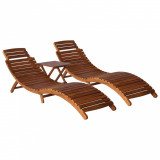 Set 2 Șezlonguri vidaXL Lemn Acacia + Măsuță, Pliabile, Exterior, Grădină, Terasă, Rezistente Intemperii, 184x55x64cm