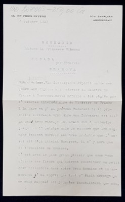 SCRISOARE ADRESATA PRINTESEI BIBESCU , EXPEDIATA SI SEMNATA OLOGRAF de M . DE VRIES FEYENS , AMSTERDAM , DATATA 6 OCTOMBRIE 1937 foto