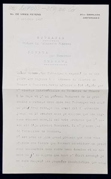 SCRISOARE ADRESATA PRINTESEI BIBESCU , EXPEDIATA SI SEMNATA OLOGRAF de M . DE VRIES FEYENS , AMSTERDAM , DATATA 6 OCTOMBRIE 1937