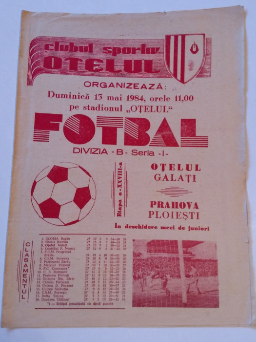 Program meci fotbal OTELUL GALATI - PRAHOVA PLOIESTI (13.05.1984)