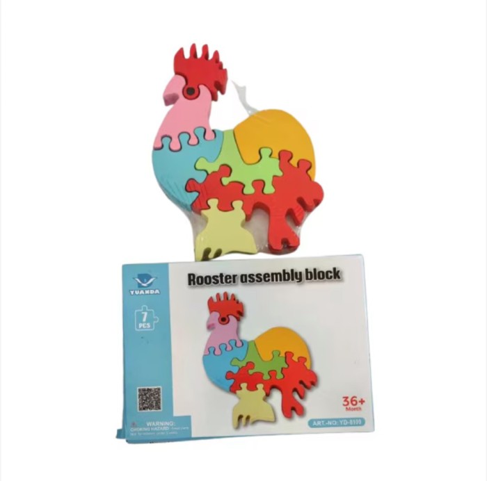 Puzzle din lemn de Construit, Cocosul Colorat, 7 piese, 16.5 x 11 x 1 cm