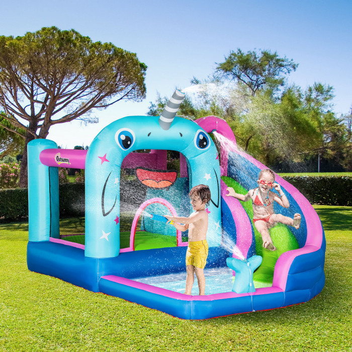 Outsunny 5 in 1 Castel gonflabil pentru copii mare castel gonflabil trambulina piscina pistol cu apa perete de escaladat cu geanta de transport pentru