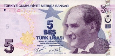 TURCIA █ bancnota █ 5 Lira █ 2009 █ P-222d █ Seria D █ UNC █ necirculata foto