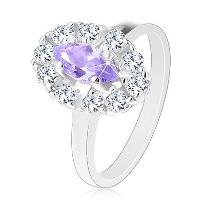 Inel de culoare argintie, formă de bob violet deschis cu margine din zirconii transparente - Marime inel: 53 foto