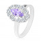 Inel de culoare argintie, formă de bob violet deschis cu margine din zirconii transparente - Marime inel: 53