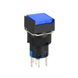 Buton intrerupator push fara mentinere patrat 16mm, plastic, 12V DC, 1NO 1NC, lumina albastra FLP16-NJ-6-BLUE